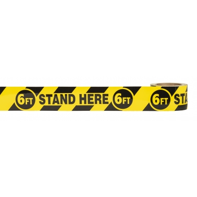 17770-9141-3366, Social Distancing Warning Vinyl Floor Tape - 6FT STAND HERE 6FT - 3” x 108'- Black/Yellow, Flagging Direct